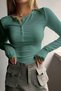1 Piece Women's Mint Green Button Detailed Patch Button Crew Neck Long Sleeve Ribbed Camisole Blouse