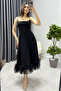 Women's White Strappy Flared Hem Tulle Detail Midi Evening Dress Black,White