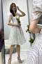 Women's Flounced Square Neck Watermelon Sleeve Flared Evening Dress White, Green - 4