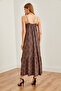 Women's Camel Black Lace Detailed Leopard Flowy Dress Elb- 19002193 - 6
