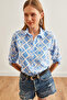 Women's Diamond Blue Sleeve Folded Linen Shirt Gml- 19000825 - 3