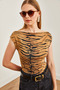 Women's Camel Zebra Degaje Collar Soft Textured Stretchy Viscose Blouse Blz- 19002682 - 3