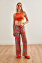 Women's Orange Blue Patterned Linen Palazzo Trousers Pnt-19000284 - 5