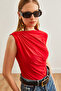 Women's Red Drape Detailed Flowy Blouse Blz- 19002683