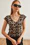 Women's Leopard Stone V-Neck Soft Textured Flexible Viscose Crop Blouse Blz-19002680