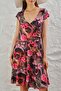 Women's Cross Collar Digital Printed Midi Dress - Rose Patterned on Brown Background - 4