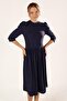 Knitted Wool Viscose Balloon Sleeve Gathered Dress Navy Blue - 2