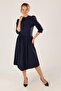 Knitted Wool Viscose Balloon Sleeve Gathered Dress Navy Blue