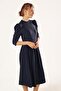 Knitted Wool Viscose Balloon Sleeve Gathered Dress Navy Blue - 3