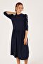 Knitted Wool Viscose Balloon Sleeve Gathered Dress Navy Blue - 5