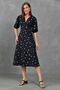 Women's Atlas Fabric Short Balloon Sleeve V-Neck Midi Length Flared Cut Floral Black Dress 153