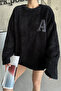 Unisex Black Crew Neck Plush Sweatshirt with Chest Detail - 2