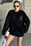 Unisex Black Crew Neck Plush Sweatshirt with Chest Detail - 5