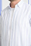 Men's White Blue Pocketless Linen Effect Striped Wide Cut Long Sleeve Shirt - 2