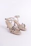Beige Patent Leather Women's Heeled Shoes - With Belt and Buckle - 3