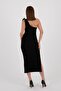 One Shoulder Flower Detailed Slit Black Fabric Dress - 5