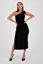 One Shoulder Flower Detailed Slit Black Fabric Dress - 2
