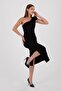 One Shoulder Flower Detailed Slit Black Fabric Dress