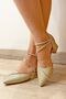 Women's Ribbed Mid Heeled Stoned Shiny Gold Ballerina Evening Dress Shoes - 2