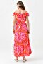 Women's Patterned Fabric Ruffle Detail Madonna Neckline Belted Design Midi Dress 12503 - 3
