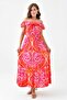 Women's Patterned Fabric Ruffle Detail Madonna Neckline Belted Design Midi Dress 12503 - 7