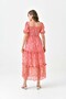 Women's Floral Patterned Fabric Gipeli Degaje Collar Princess Sleeve Layered Design Midi Pink Evening Dress 3230 - 3