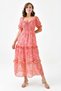Women's Floral Patterned Fabric Gipeli Degaje Collar Princess Sleeve Layered Design Midi Pink Evening Dress 3230 - 7