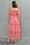 Lined Pink Floral Patterned Fabric Gipeli Degaje Collar Princess Sleeve Layered Design Midi Dress 3230 - 3