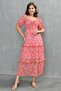 Lined Pink Floral Patterned Fabric Gipeli Degaje Collar Princess Sleeve Layered Design Midi Dress 3230