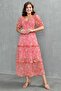Lined Pink Floral Patterned Fabric Gipeli Degaje Collar Princess Sleeve Layered Design Midi Dress 3230 - 8