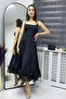 Women's White Strappy Flared Hem Tulle Detail Midi Evening Dress Black,White - 3
