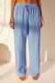 Blue 100% Linen Elastic Waist High Waist Wide Leg Trousers Twoss24Je00249 - 5