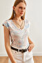 Women's Cream Powder V Neck Soft Textured Stretchy Viscose Crop Blouse Blz- 19002680 - 4