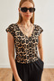 Women's Leopard Stone V-Neck Soft Textured Flexible Viscose Crop Blouse Blz-19002680 - 3