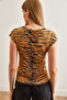 Women's Zebra Camel V-Neck Soft Textured Flexible Viscose Crop Blouse Blz-19002680 - 5