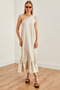 Women's Stone One Shoulder Ruffled Loose Linen Dress Elb- 19002197