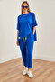Women's Cobalt Blue Asymmetrical Blouse Soft Textured Bottom Top Crystal Set Tkm-19000269