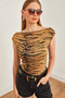 Women's Camel Zebra Degaje Collar Soft Textured Stretchy Viscose Blouse Blz- 19002682