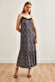 Women's Gray Black Lace Detailed Leopard Flowy Dress Elb- 19002193 - 3