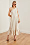 Women's Stone One Shoulder Ruffled Loose Linen Dress Elb- 19002197 - 3