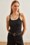 Women's Black Strap Stone Detailed Stretchy Crop Blouse Blz- 19002674 - 2