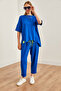 Women's Cobalt Blue Asymmetrical Blouse Soft Textured Bottom Top Crystal Set Tkm-19000269 - 4