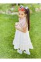 Girl's Floral Patterned Watermelon Sleeved Summer Linen Dress with Teddy Bear Detail Age 4-11 - 5