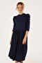 Knitted Wool Viscose Balloon Sleeve Gathered Dress Navy Blue - 4