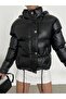 Hooded Crop Short Puffer Leather Coat - 3