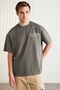 Colıbri Men's Front and Back Print Detailed Oversize Short Sleeve Crew Neck Organic Cotton Gray T-Shirt - 3