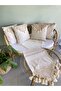 Hand-Knitted Lace Embroidered Tassel Organic Cotton 4-Piece Linen Cushion Cover and Lace Table Runner Set - 4