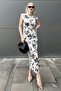 Gray Padded Crew Neck Slit Lined Floral Patterned Midi Length Tulle Dress 3403 - 3