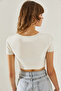 Women's Ecru Collar Detailed Short Sleeve Basic Crop 4121 T-Shirt 60251352 - 7