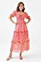 Women's Floral Patterned Fabric Gipeli Degaje Collar Princess Sleeve Layered Design Midi Pink Evening Dress 3230 - 8